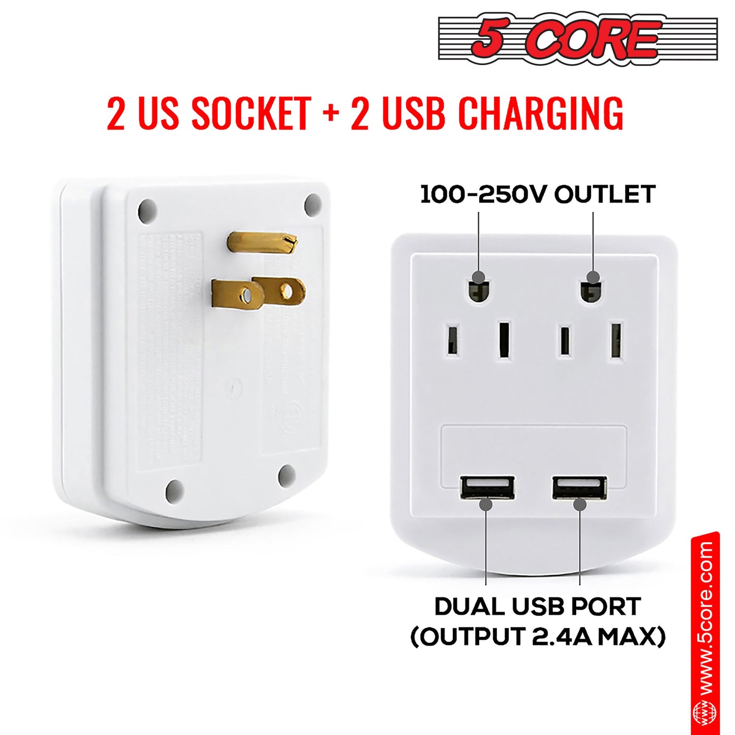 5 Core Travel Plug Adapter European International Power Plug w/ 2 USB,