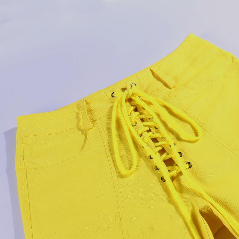 Lace up bodycon long pants autumn winter 2019 yellow sexy