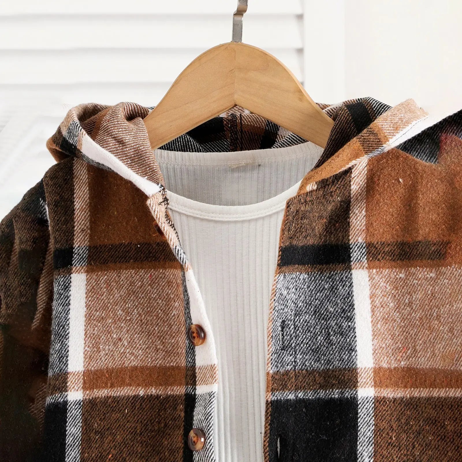 European And American Style Boys' Hooded Checkered Long Sleeved Warm Jacket+Ripped Jeans Two-piece Set