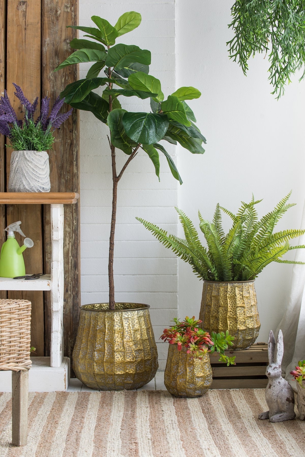 Set of 3 Distressed Antique Yellow Metal Planters, 14 in Tall