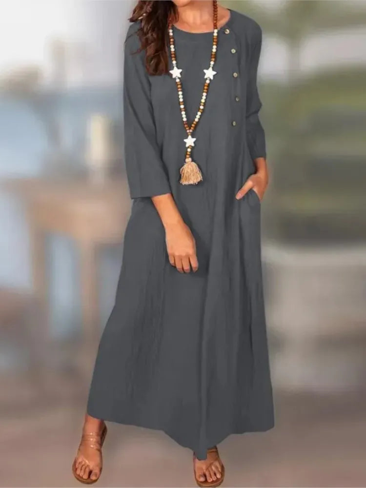 Autumn Fashion Dress Elegant Cotton Linen Women's Solid Color Long Dress Temperament Comfortable Round Neck Long Sleeve Dress