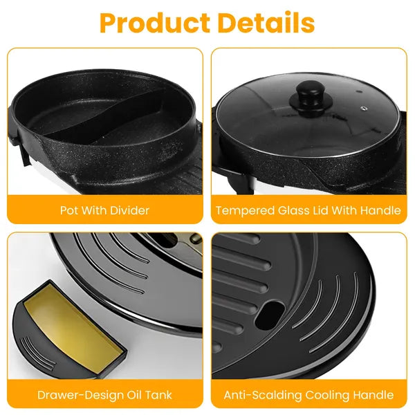 2 In 1 Electric Hot Pot With BBQ Grill Cooker 2200W Smokeless