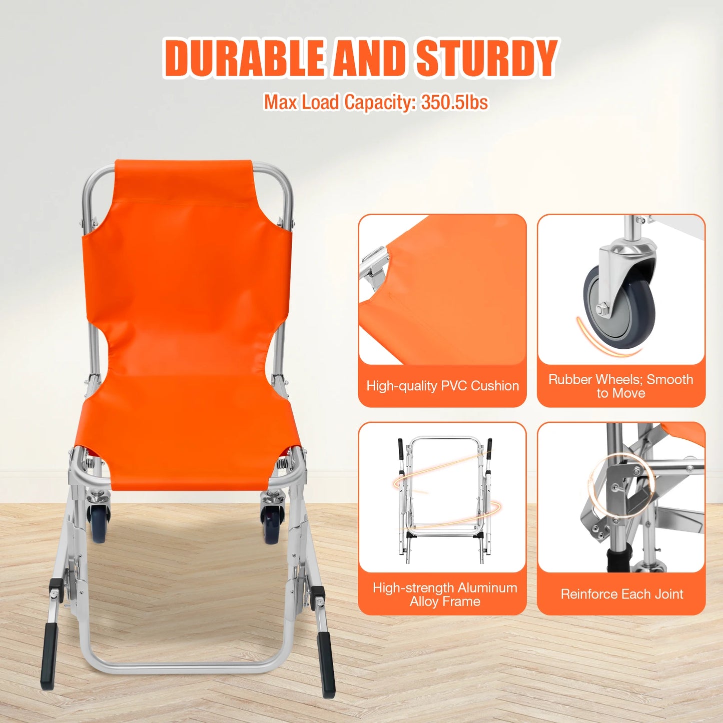 Bymaocar Foldable Two Wheeled Stair Chair Without Brakes, Orange Portable Aluminum Elderly and Patient Care Chair with Handles