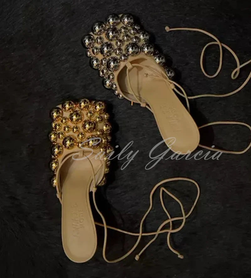 Gold Silver Studs High Heel Sandals Women Square Toe Beaded Stiletto Heel Lace Up Ankle Strap Evening Embellished Dress Shoes