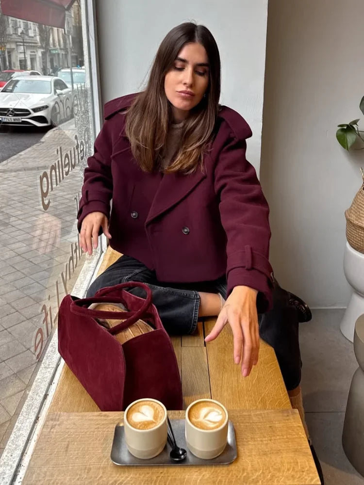 2025 Burgundy Wool Coat Off Women Fashionable Short Double Breasted Lapel Long Sleeve Elegant Autumn Commuting Outerwear Offical