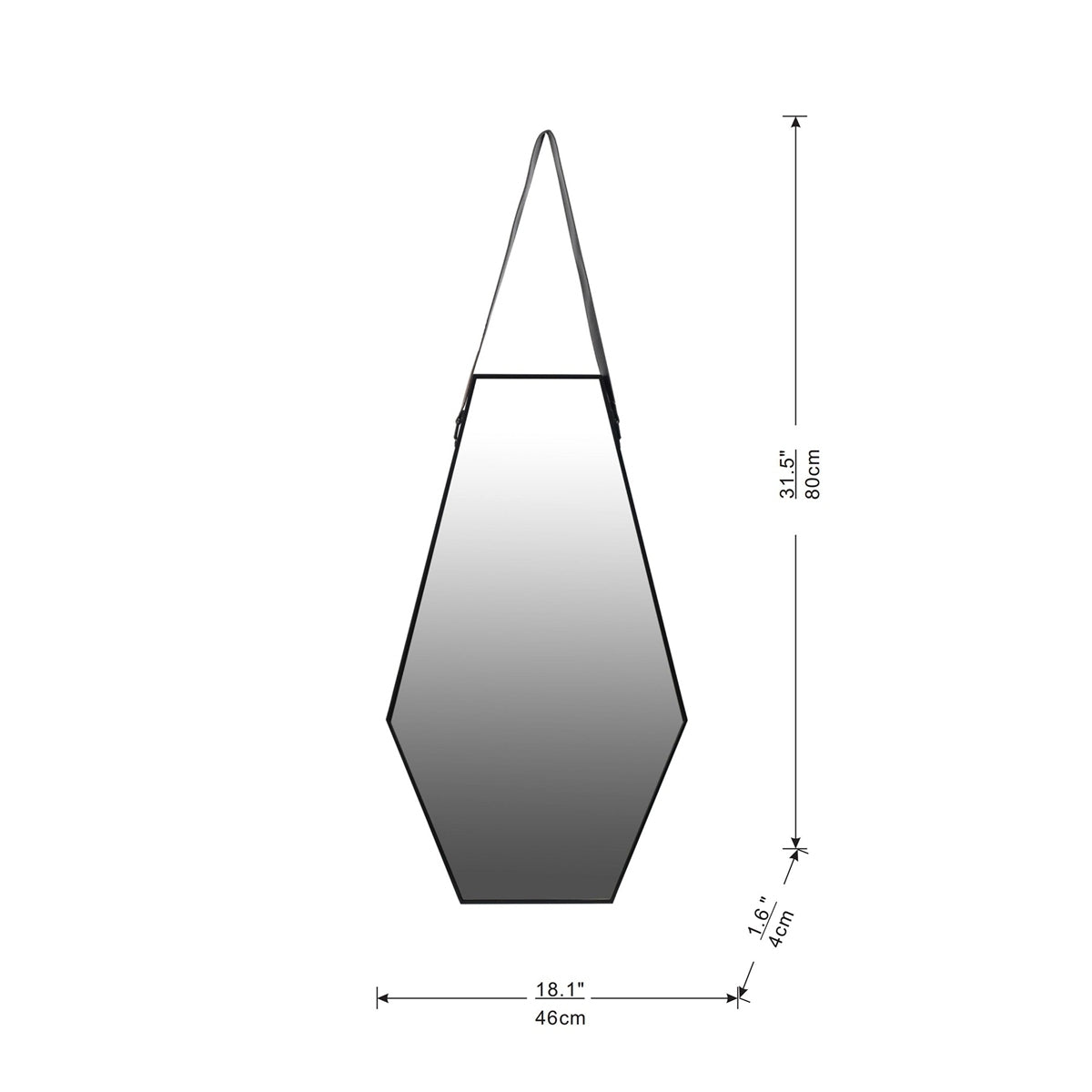 Black & Silver Hexagon Wall Mirror with Leather Hanging Strap, 18 ×