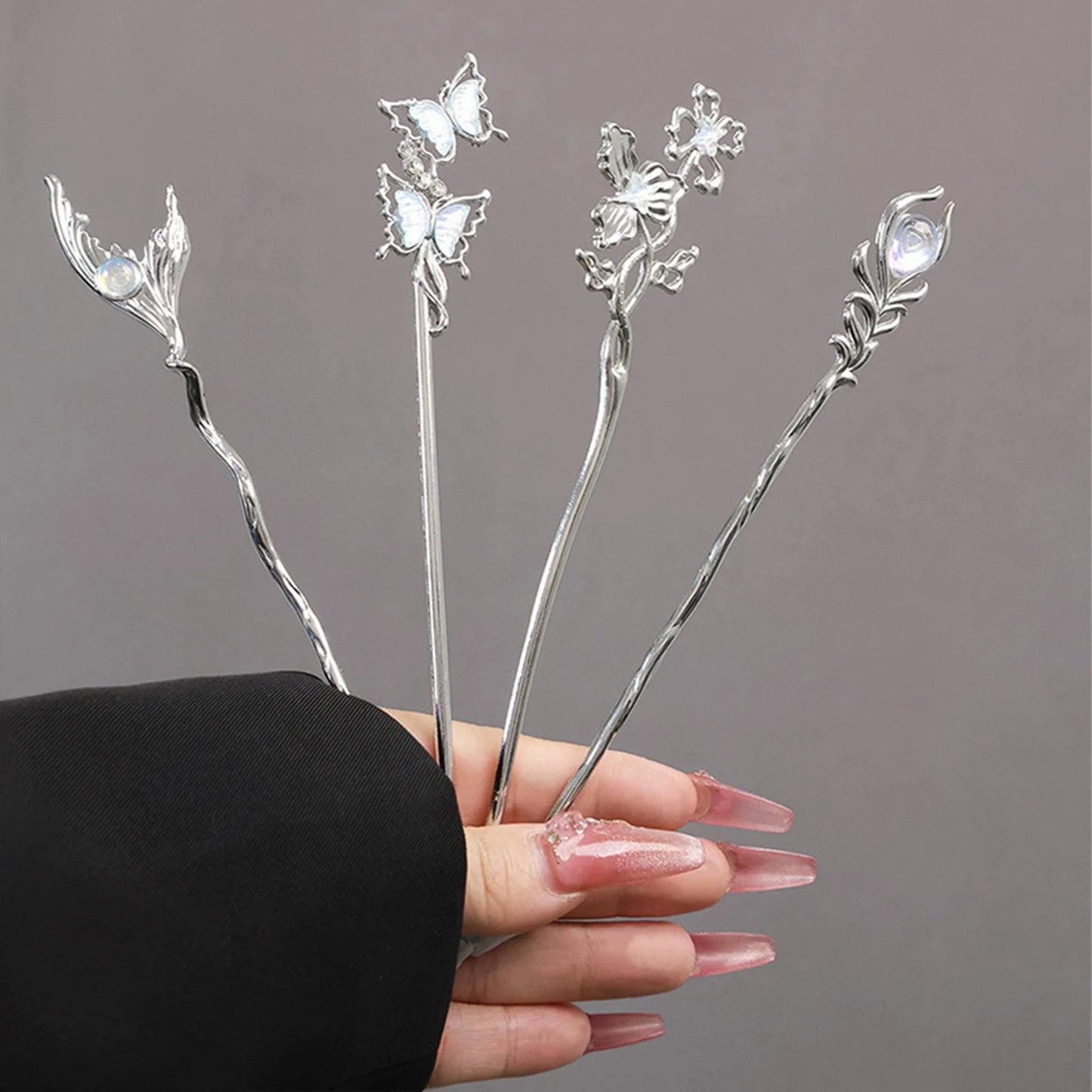 Silver Color Alloy Hair Sticks Forks Flower Butterfly Designs New Chinese Style Elegant Hairpins Hair Bun Maker Jewelry