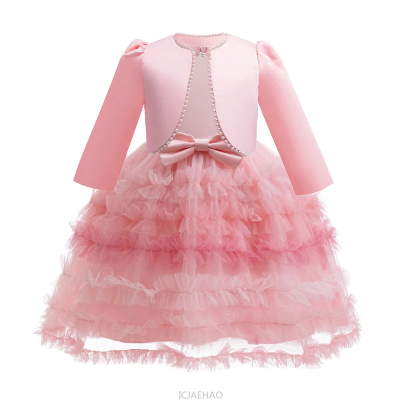 Wed Dress Pink Kids Girls Sleeveless Bow Single Button Coat 2 Piece Satin Set Dresses Tulle Skirt Children Pearl Long Sleeve