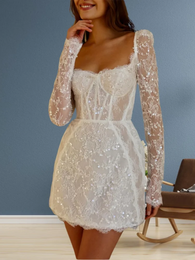 Elegant Lace Long Sleeve Mini Dress Sweetheart Shining Party Dress Women's Slimming Cocktail Party Dress Customization 2026