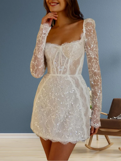 Elegant Lace Long Sleeve Mini Dress Sweetheart Shining Party Dress Women's Slimming Cocktail Party Dress Customization 2026