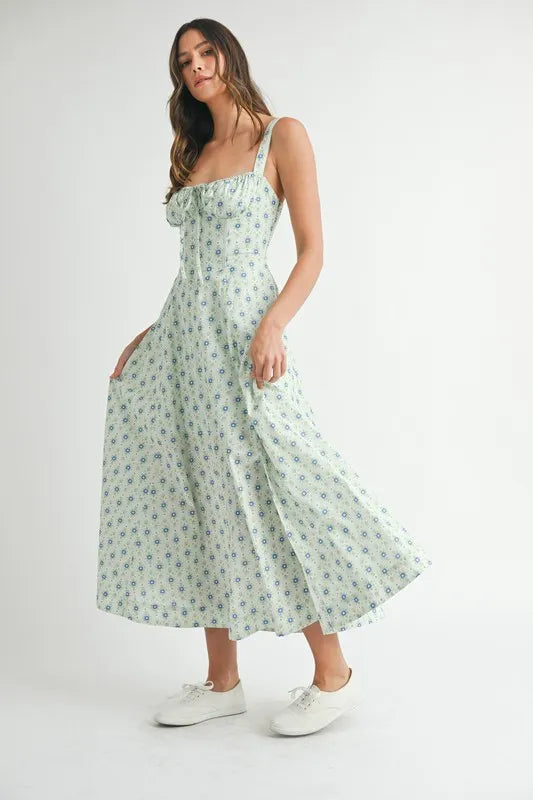 MABLE Floral Print Bustier Back Lace Up Midi Dress