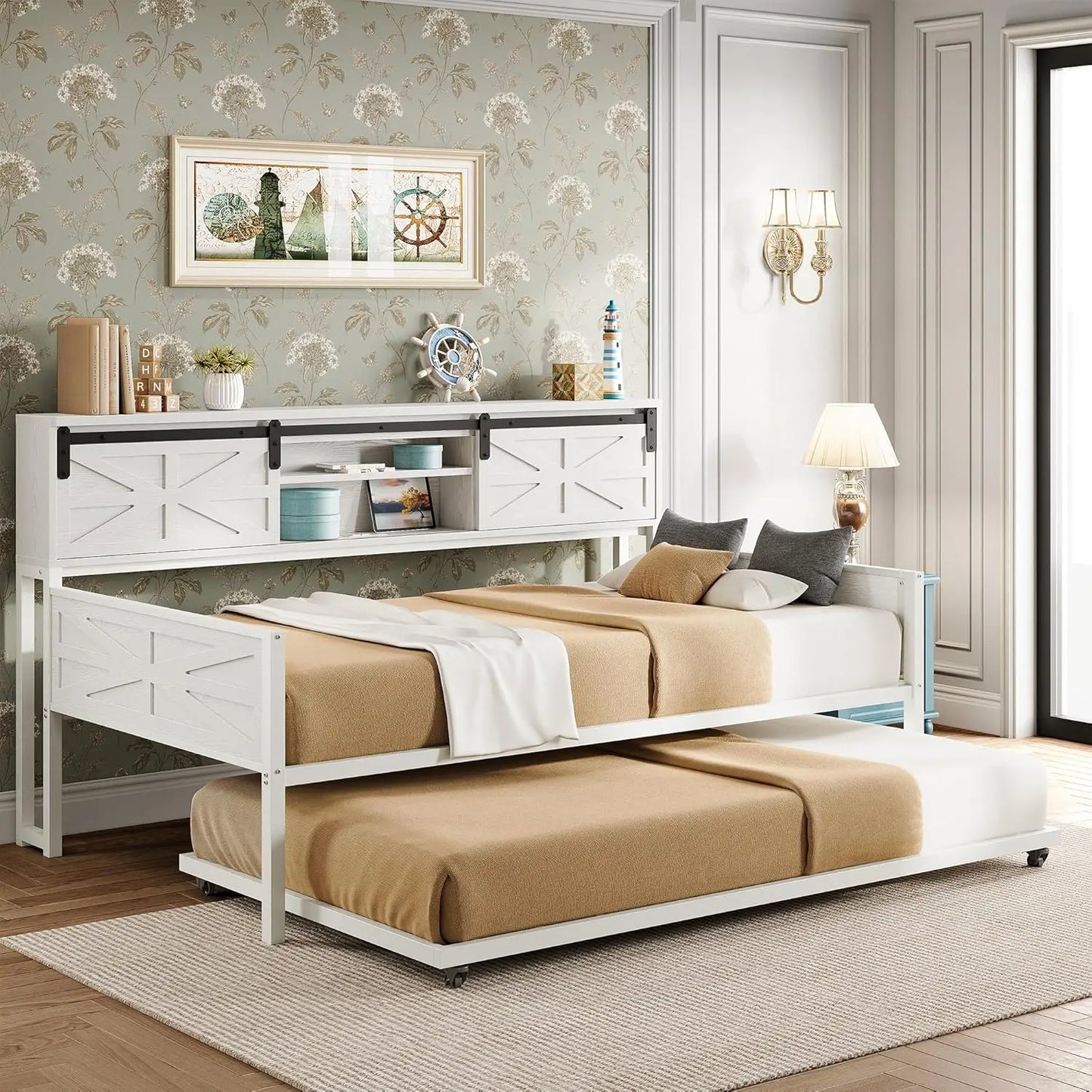 Daybed with Trundle, Rustic Bed Twin with Storage and Charging Station for Living Room, Bedroom and Guest Room