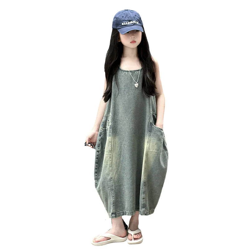 Vintage Blue Children Girls High Quality Sleeveless Denim Dress Streetwear Outfit Fashion Summer Kids Luxury Jeans Clothing