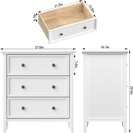 IKENO Nightstand with 3 Drawers and Charging Station, Solid Wood Dresser Organizer for Bedroom