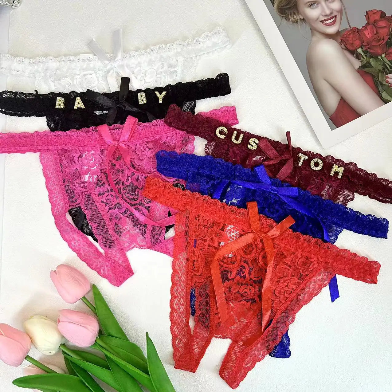 Custom Name Thong Sexy Lace Bowknot For Women Personality Panties With Crystal Letter Customize Hotwife Lingerie Gifts For Wife