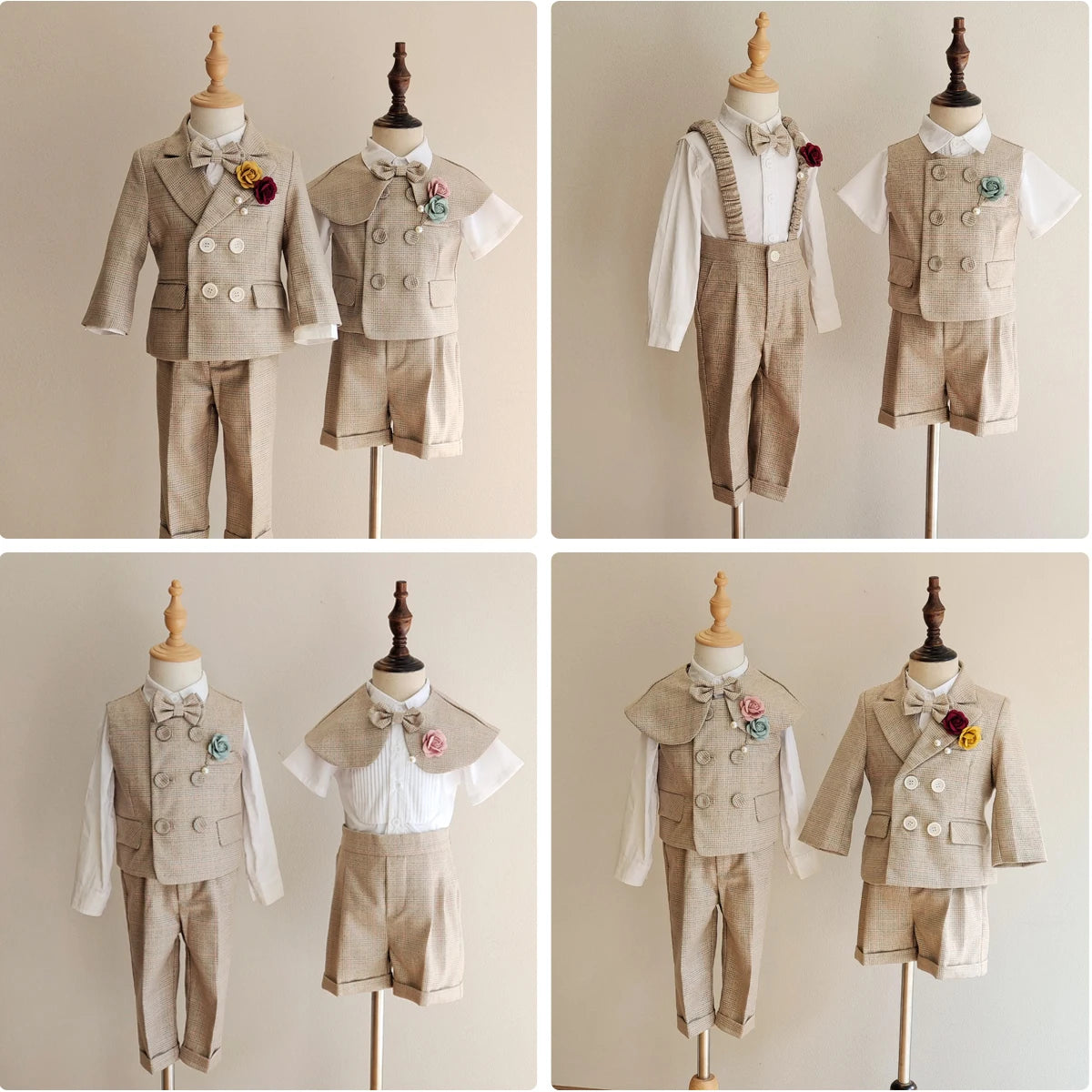 Boys Formal Plaid Suit khaki Baby Daptism Dress Set Child Wedding Birthday Party Photography Costume Kids Clothes High quality