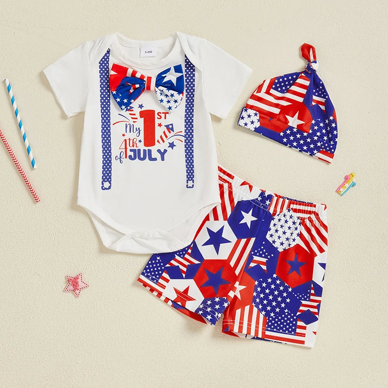 Baby Boys Patriotic Outfit Short Sleeve Jumpsuit and Elastic Star Stripe Shorts and Hat Set 3 Piece Clothes Set