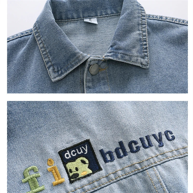 2025 Spring Autumn Children Blue Washed Denim Jacket For Boys Loose Long Sleeve Button Up Back Pockets Fashion Jeans Jacket Coat