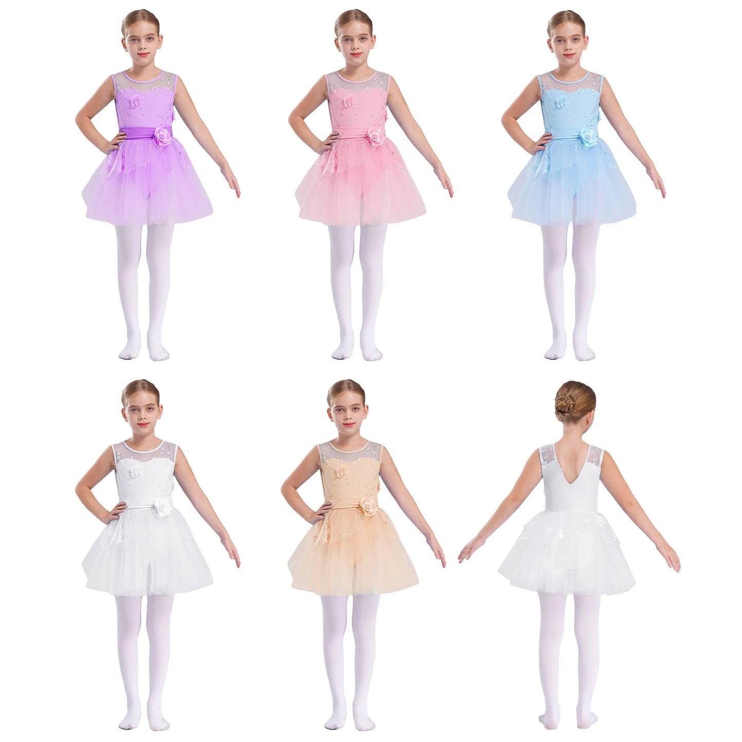 Kids Girls Ballet Dance Dress Ballerina Princess Costume Applique Embroidered Figure Skating Leotard Dress for Stage Performance