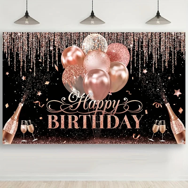 Shiny Balloon Glitter Pink Background Cloth Happy Birthday Party Baby Shower Decoration Arrangement Banner Photography Props