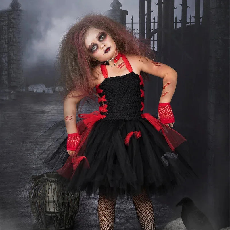 Children's Halloween Zombie Bride Horror Skeleton Vampire Puff Dress Flower Tutu Dress Stage Role Playing  Sleeveless Dress
