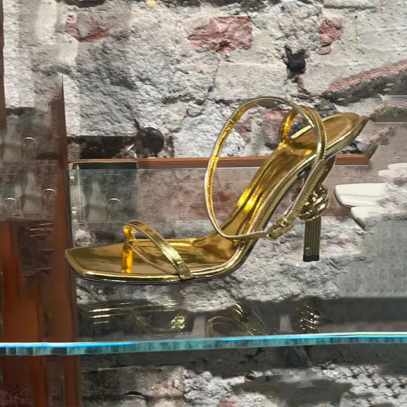 Square Head Ultra High Heel Sandals for Women, Metal Knot Thin Heels, Sexy Open Toe Shoes, Fashionable, New