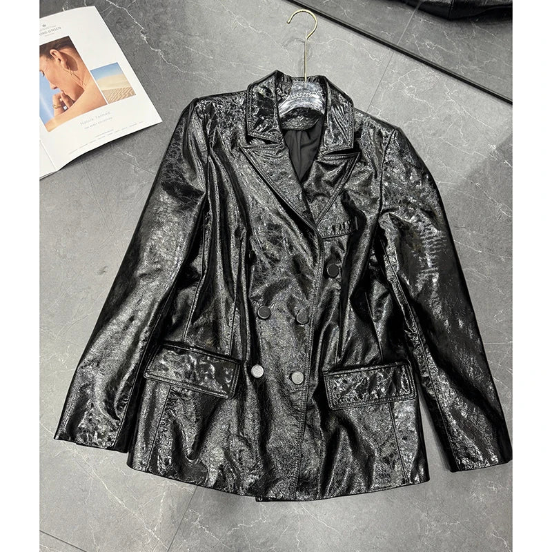 Women's Genuine Leather Sheepskin Coats Autumn Lapel Two Buttons Burgundy Long Loose High-Grade Waxed Goatskin Suit Jacket Lady