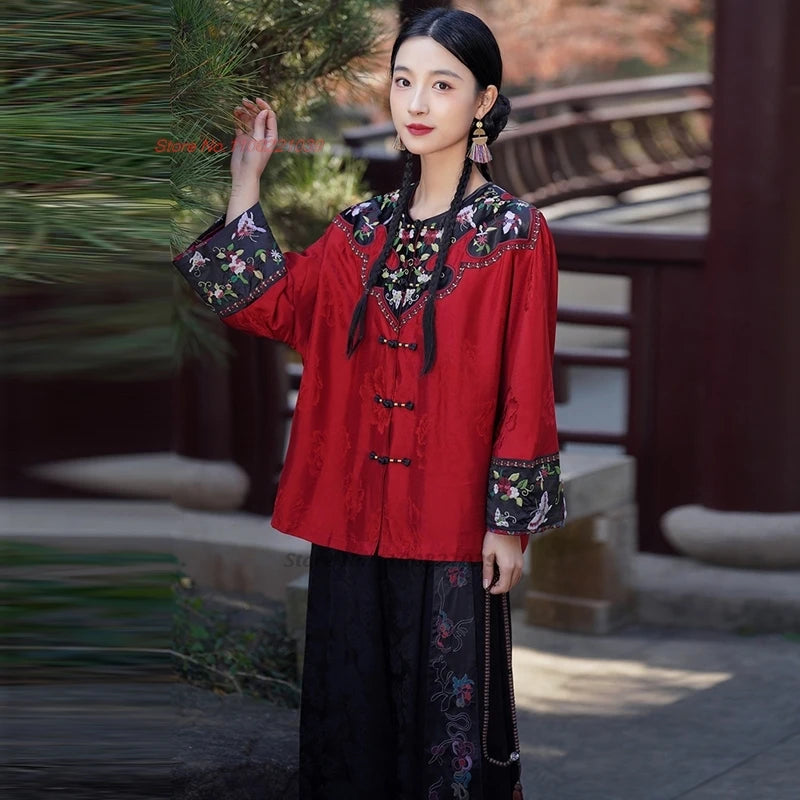 2025 traditional chinese vintage coat national flower embroidery hanfu tops retro o-neck ethnic jacket satin jacquard folk coat