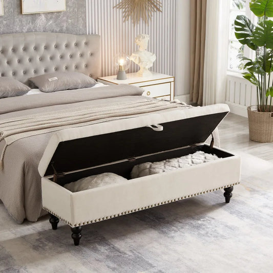 Bed Bench Ottoman with Storage Beige Fabric In The Bedroom As A Bed End Bench Contemporary Design Easy Assembly Multifunctional
