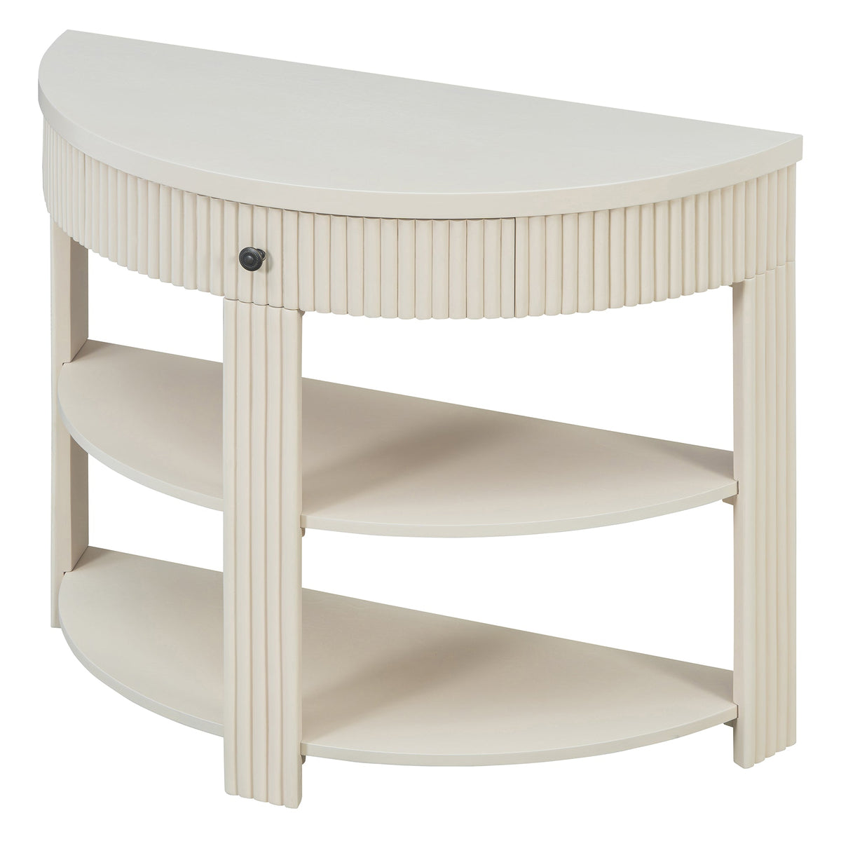 Fluted Half Moon Console Table with Drawer and 2 Shelves for Entryway,