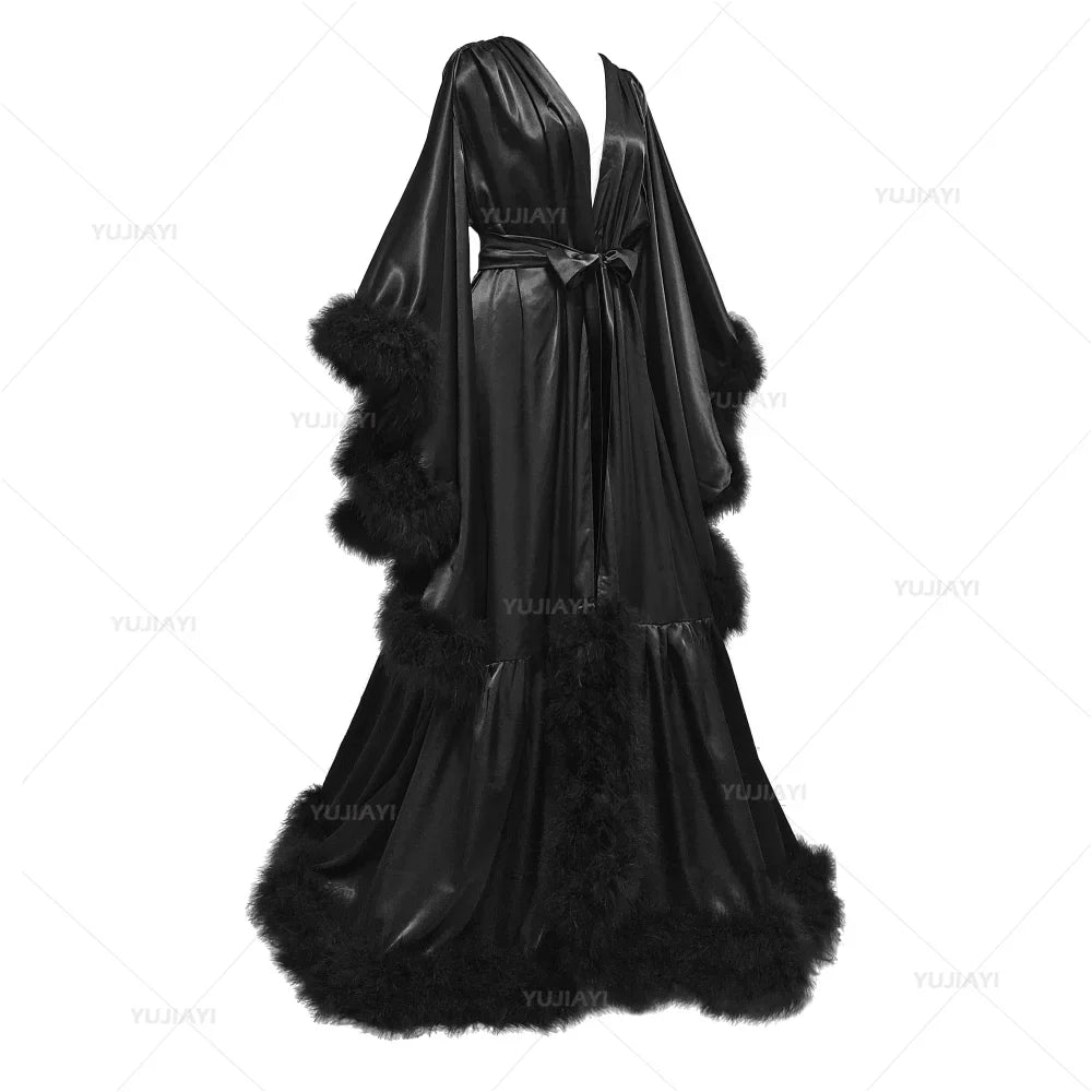 Customized Bathrobe for Women Flare Sleeves Feather Bridal Robe Nightgown Silk Long Wedding Scarf Dress Gown Photography Dress