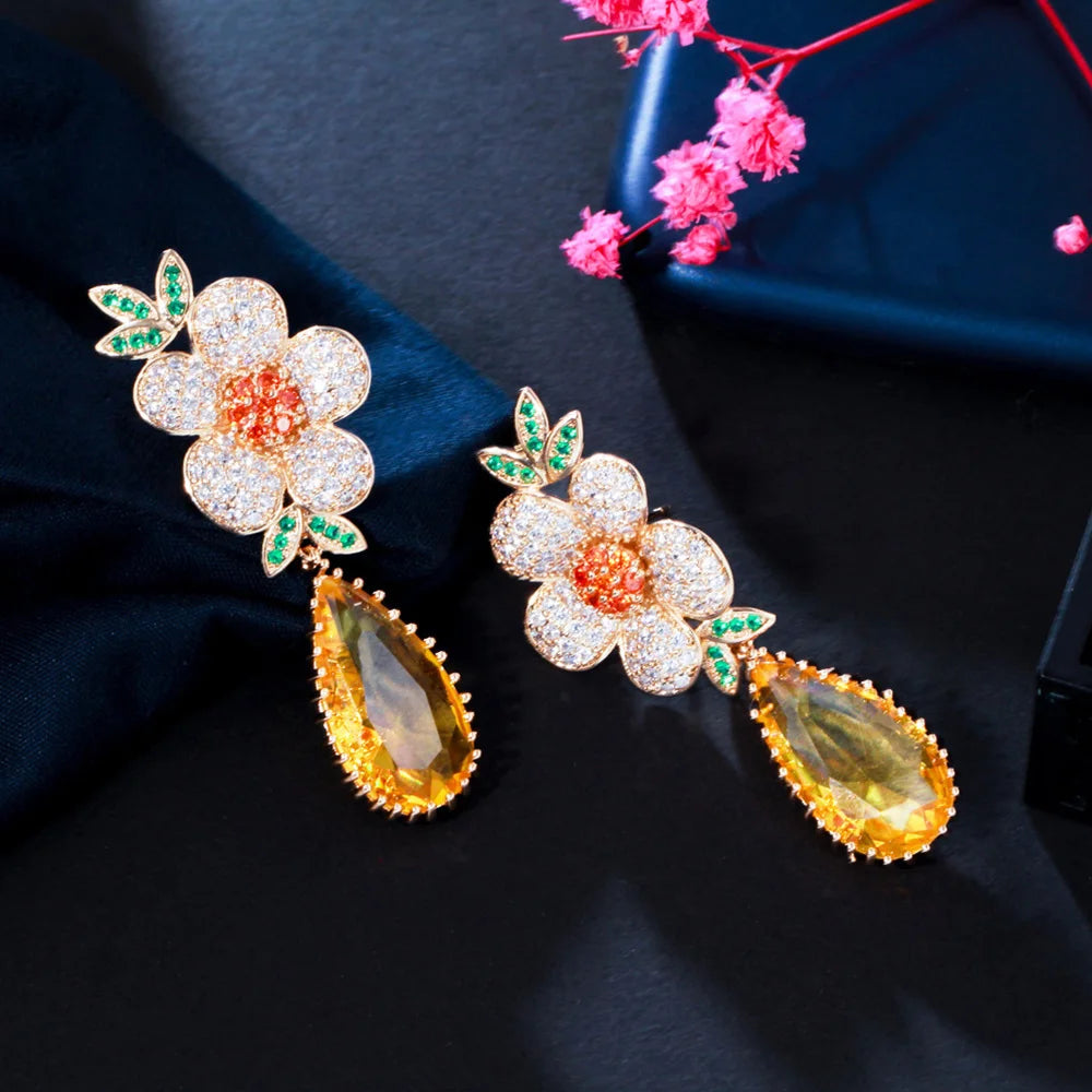 Pera Expensive Gold Color Shiny Yellow Crystal Luxury Wedding Jewelry Long Big Flower Charm Water Drop Earrings for Brides E848