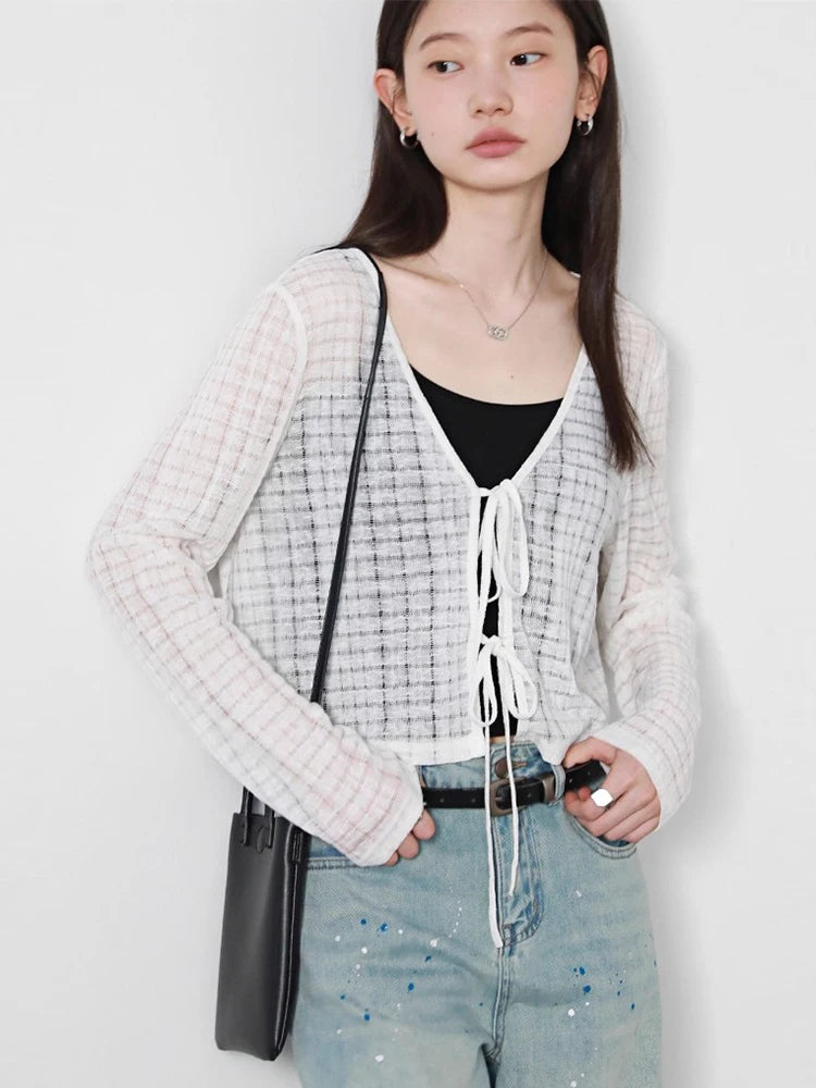 CHIC VEN Women Cardigan Loose Casual New Solid V-neck Lace Up Knitted Sweaters Hollow Out Female Short Coat Spring Autumn 2025