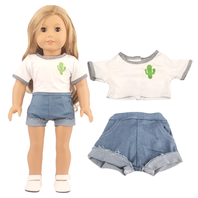 Cactus T-shirt+Denim Shorts Flower Dress+Hat Flamingo Doll Clothes Set For 18 inch American&43cm Baby New Born.OG,Life Girl Doll