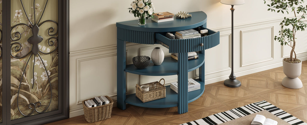 Fluted Half Moon Console Table with Drawer and 2 Shelves for Entryway,