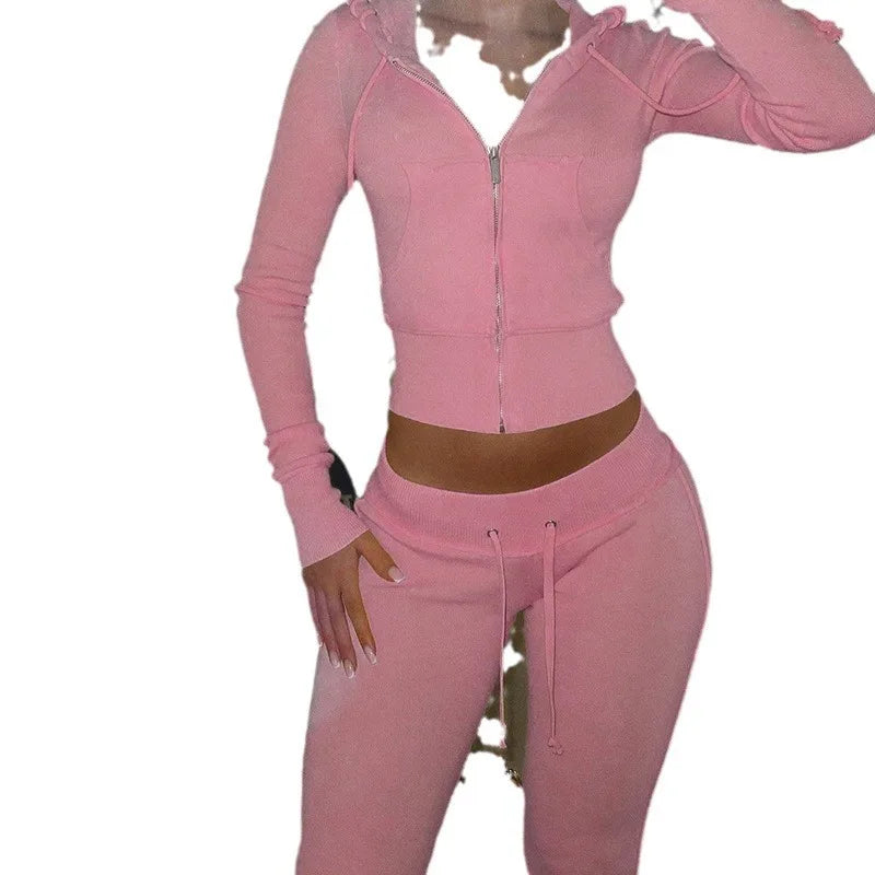 Women's Casual Suit with Brushed and Contrasting Straps Design, Hooded Long Sleeved Cardigan, Slightly Flared Long Pants