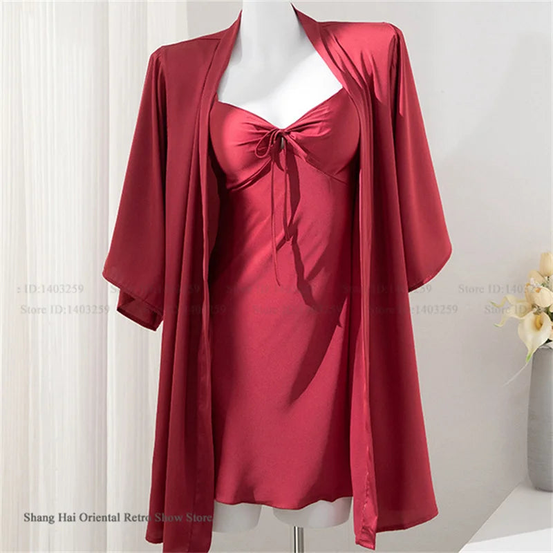 Female 2PCS Robe Nightgown Set Pajama Sexy Suspender Nightdress Lingerie Summer Kimono Bathrobe Gown Rayon Homewear Lounge Wear