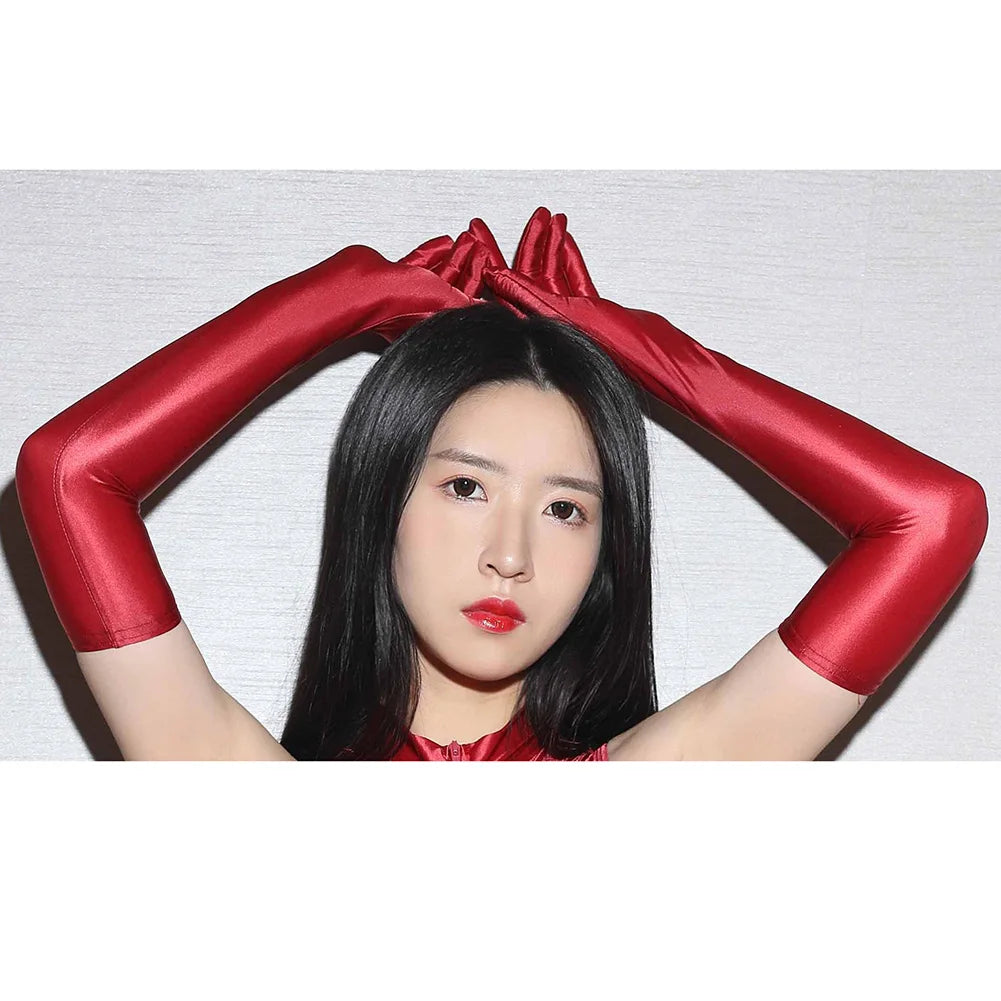 Sexy Lingerie Women Smooth Shiny Elastic Long Gloves Oil Silky Driving Nightclub Mittens High Elastic