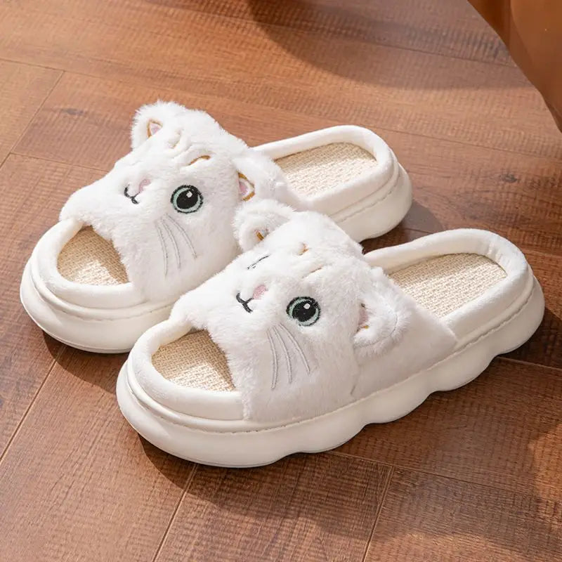 Open Toe Plush Shoes for Women Men Couples Cat Slippers Cute Stereoscopic Kitten Shoes Breathable Linen Slipper