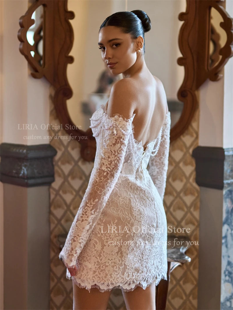 LIRIA Customized White Off the Shoulder Wedding Dresses Pearls Lace Long Sleeve Backless Bridal Gowns Flower Mini Wedding Gowns