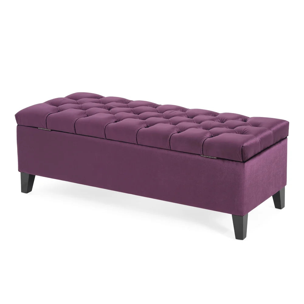 Purple Velvet Storage Ottoman - Button-Tufted Bed Bench w/Hidden Compartment, Modern Bedroom & Living Room Decor