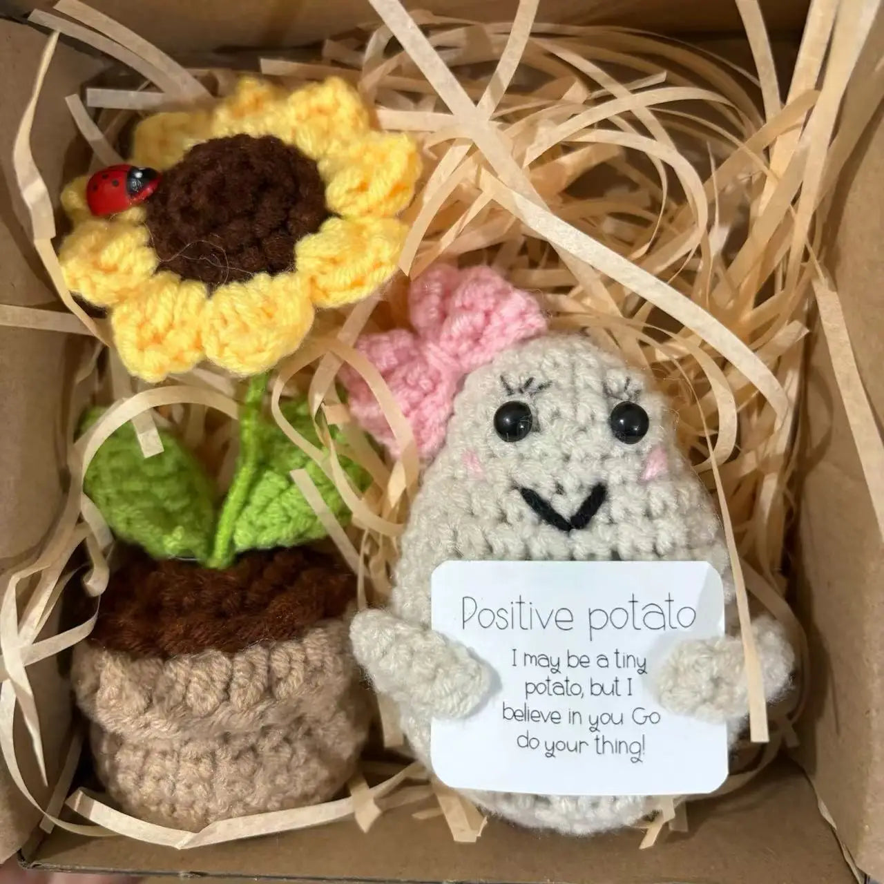 Crochet Positive Energy Potatoes with Sunflower Pot Kit Christmas Gifts Funny Handmade Knitted Potato Wool Doll Home Room Decor