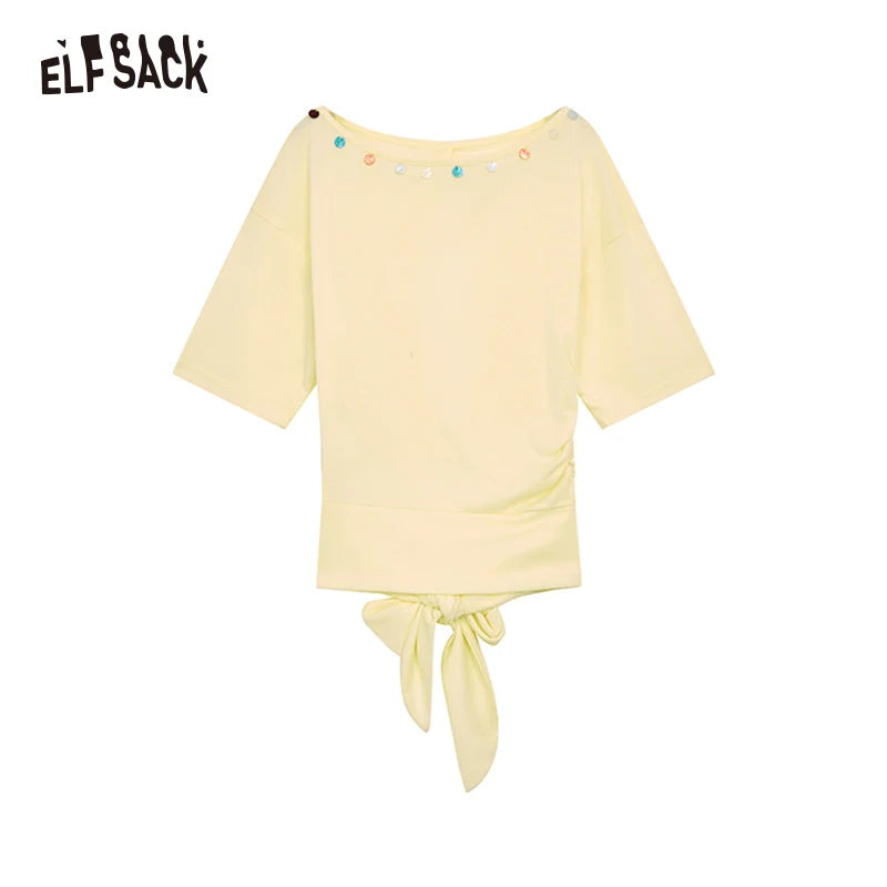 ELFSACK 2025 Summer New Arrivals Back Hollow Lace Up White Short Sleeve Chic T-Shirt For Women