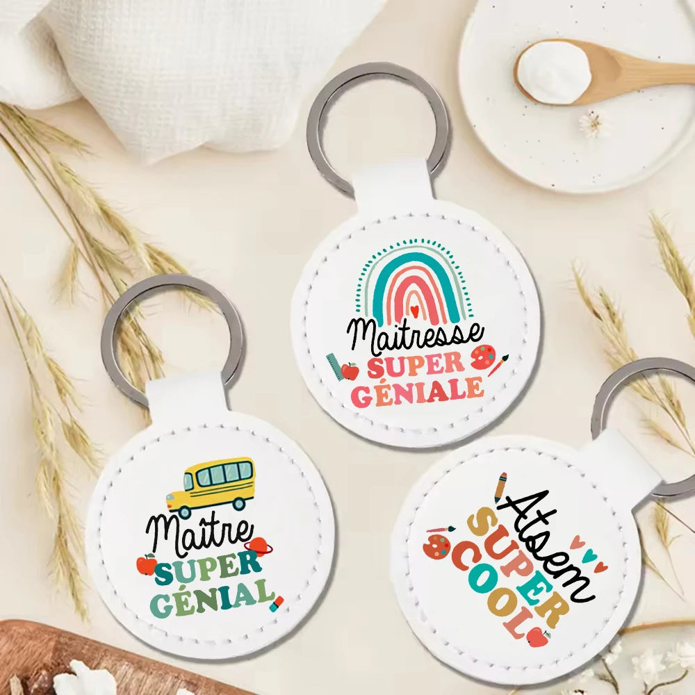 Super Atsem Maitre Maitresse Print Keychain Leather Circle Keyring Teacher Life Key Chain Teacher's Day Thanks Gift for Teacher