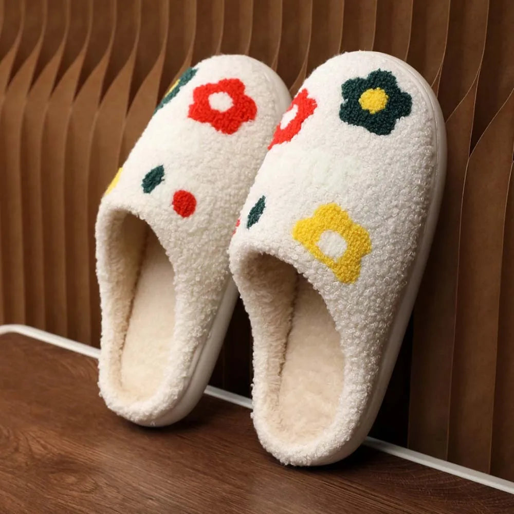 Soft Flowers Cotton Slippers Fluffy Slides Thickened Winter Warmer Slippers Green Haired Furry Warm Home Cotton Shoes Bedroom
