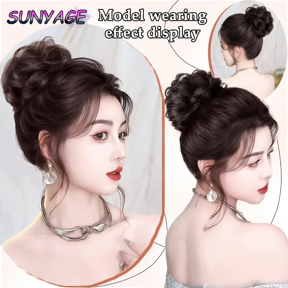 SUNYAGE Headdress Human hair Curled hair bun Head Claw Clip Fluffy Beauty Extension High Temperature Bride Hair Shapers