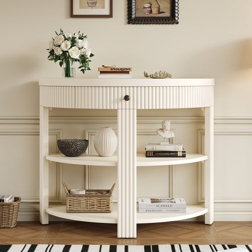 Fluted Half Moon Console Table with Drawer and 2 Shelves for Entryway,