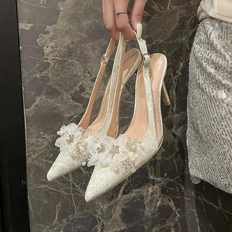 6cm 8cm 10cm Small Size 33-41 Elegant Crystal Slingback Wedding Shoes Summer Floral Sandals 2025 Thin High Heels Sandals Model