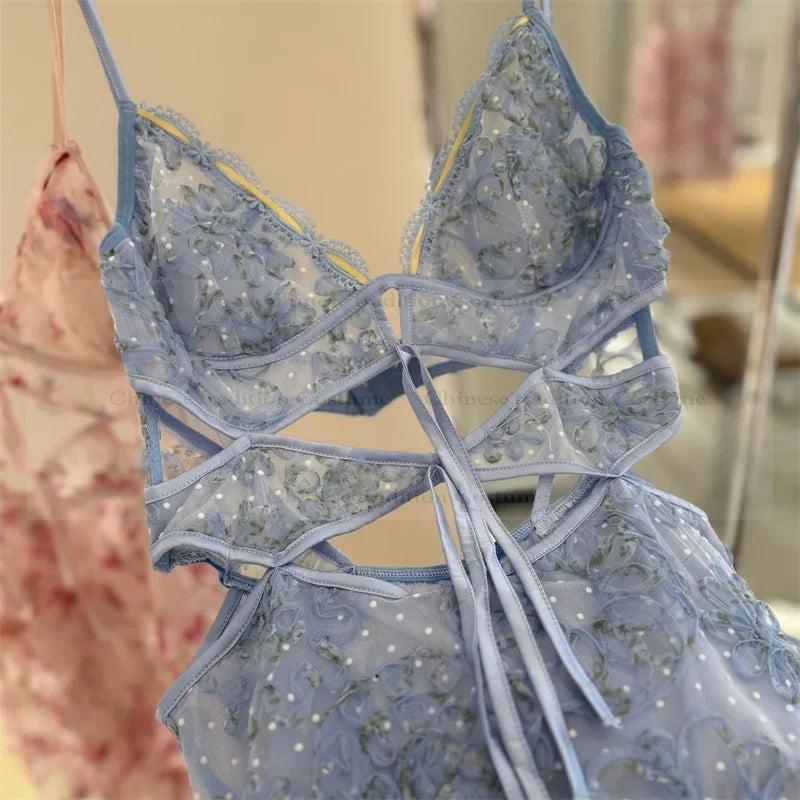 Sexy Spaghetti Strap Mini Homewear Women Sweet Floral Lingerie Hollow Out Lace Bandage Nightgown Sleepweawr Nightwear