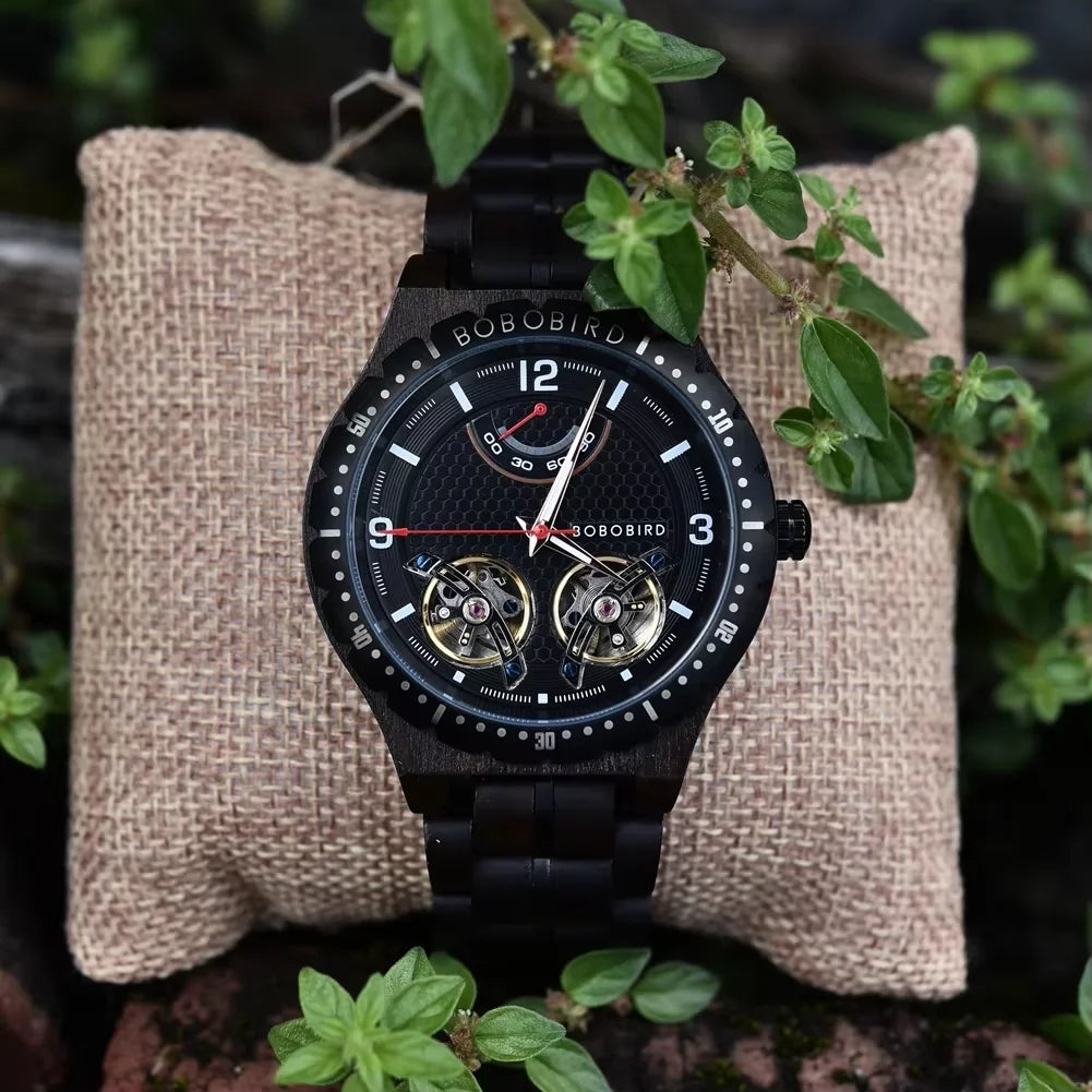 BOBO BIRD Men Mechanical Wooden Watches Double Tourbillon Movement Business Luxury Automatic Wristwatches for Men Great Gift Box